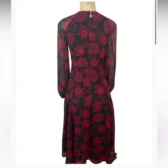 TOMMY HILFIGER DRESS RED BLACK FLORAL CHIFFON LONG SLEEVE MIDI SIZE 4 - Picture 4 of 16